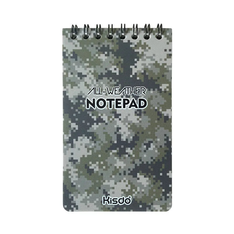 Waterproof spiral-bound notepad with stone paper pages and PP cover in camouflage colour options.