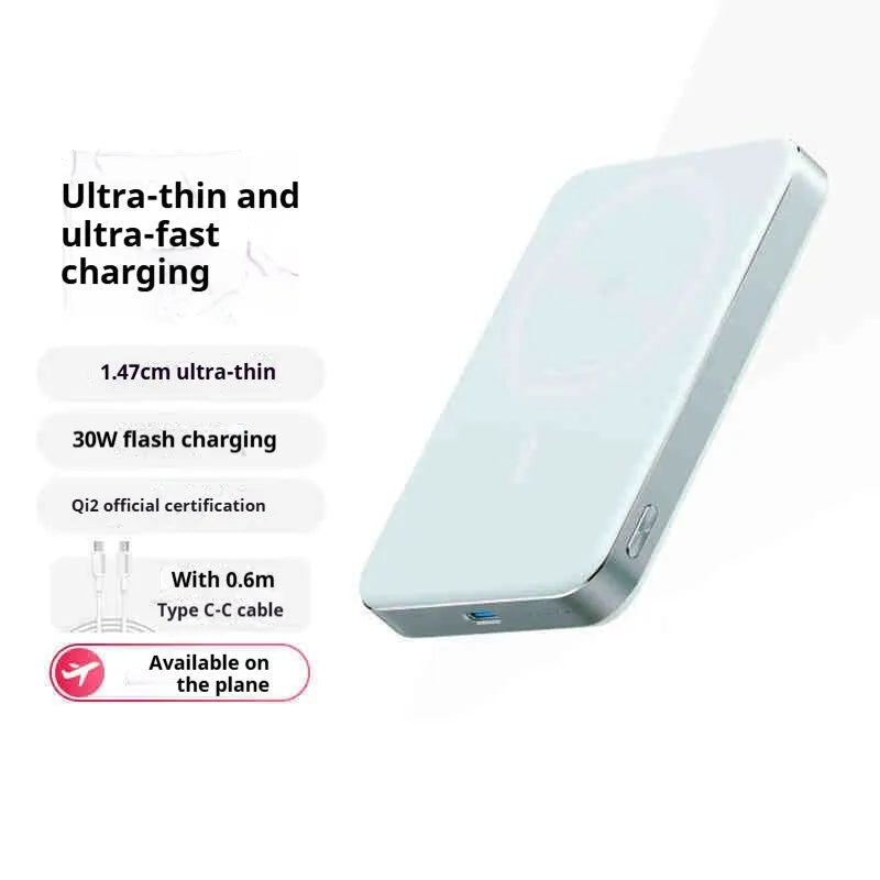 Ultra-thin Magsafe magnetic power bank with alloy shell, 30W fast charge, and 15W wireless charging in black