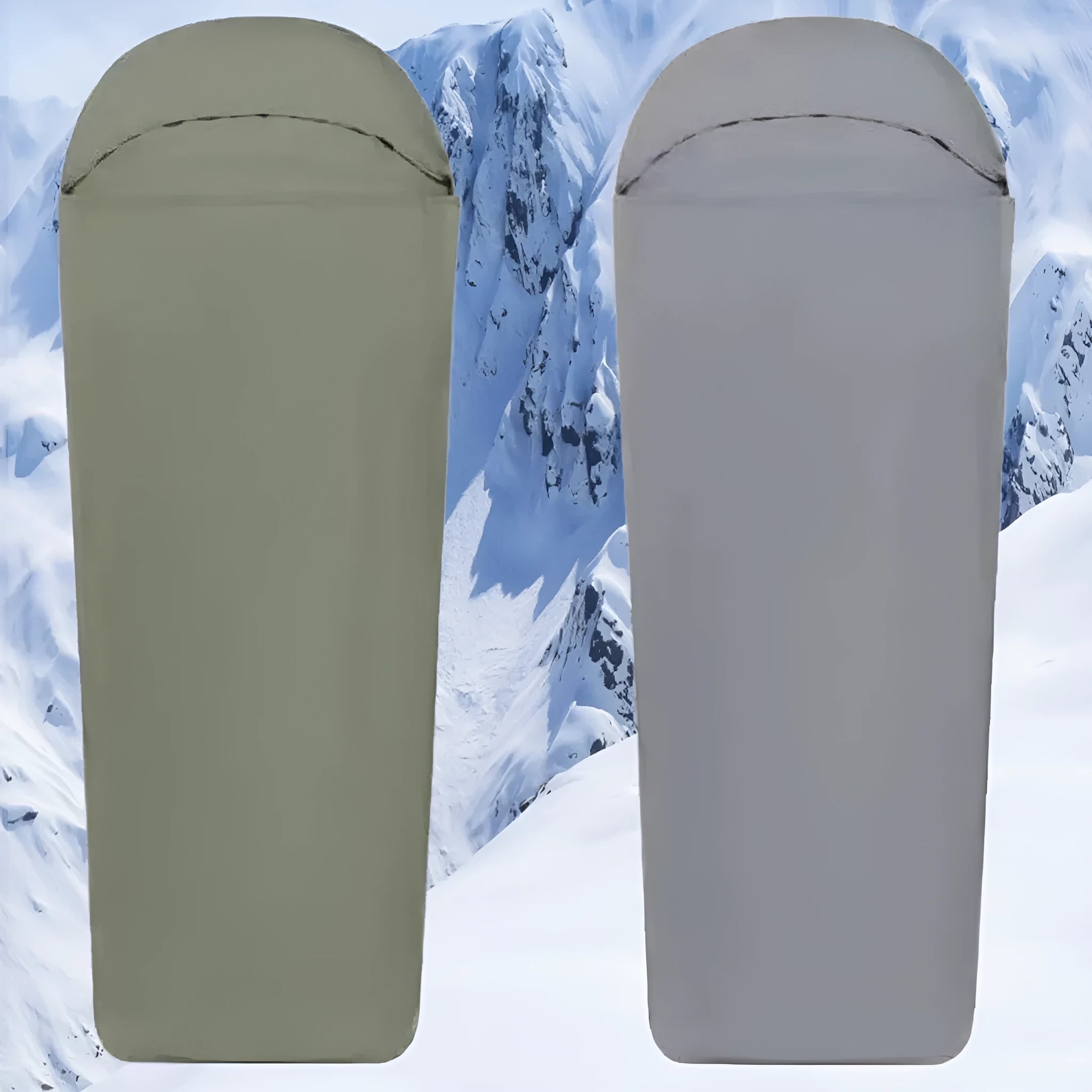 Blue and green lightweight nylon mummy-style camping sleeping bag for adults.