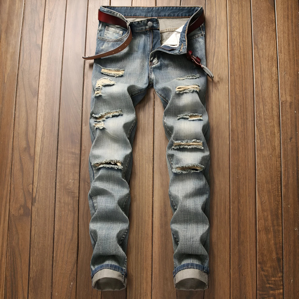 Men's ripped straight denim trousers in dark blue mid-waist straight-leg cotton blend casual jeans