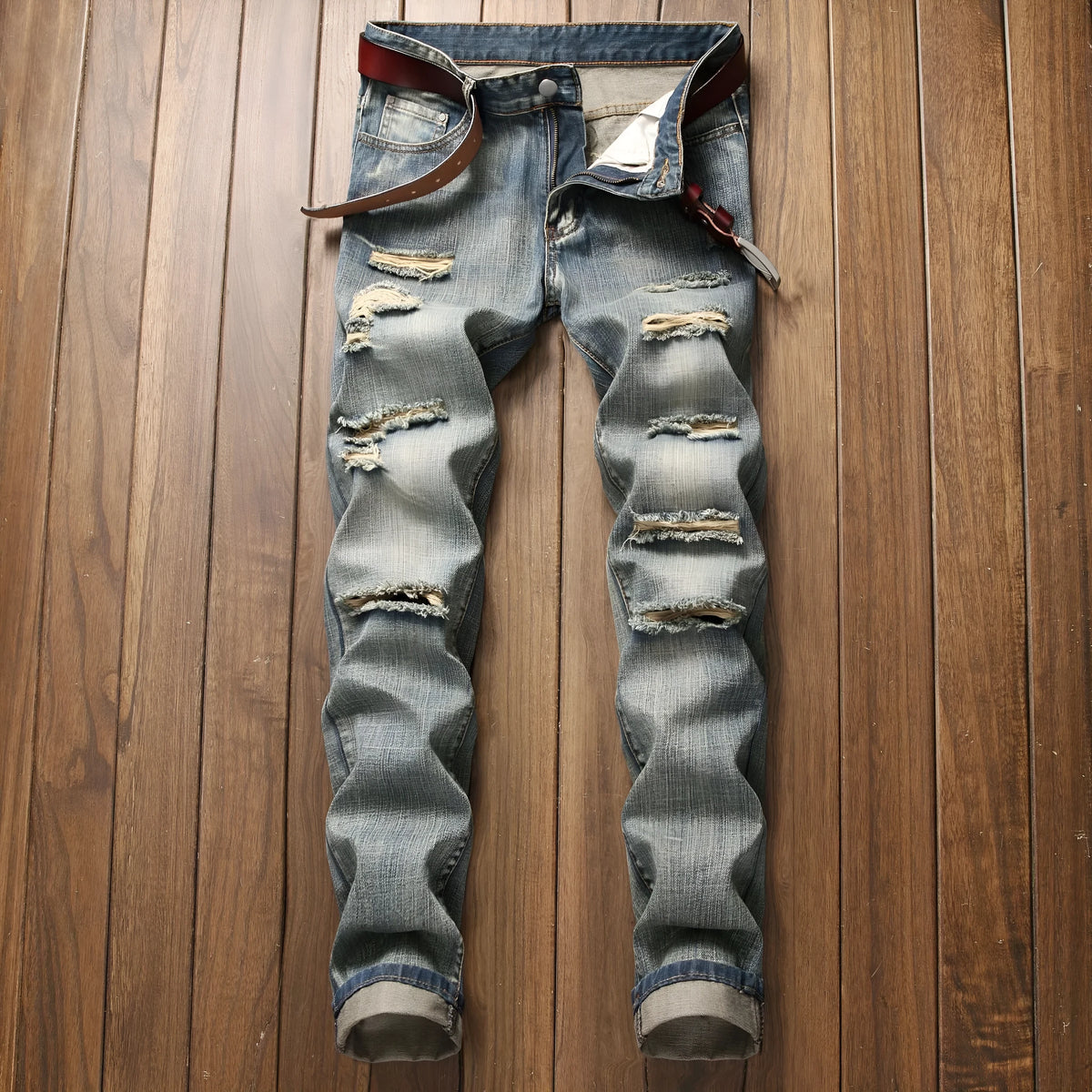 Men's ripped straight denim trousers in dark blue mid-waist straight-leg cotton blend casual jeans