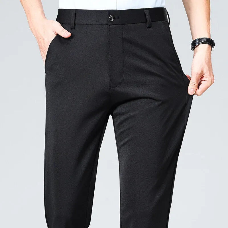 Men's loose fit casual business trousers in black, high elasticity polyester, side view
