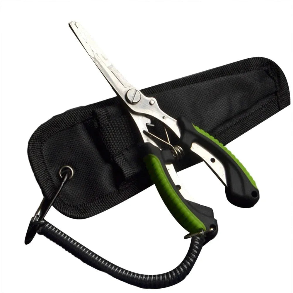 Medium stainless steel fishing pliers with a blue plastic handle, shown with a nylon carry bag and strap.