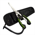 Medium stainless steel fishing pliers with a blue plastic handle, shown with a nylon carry bag and strap.