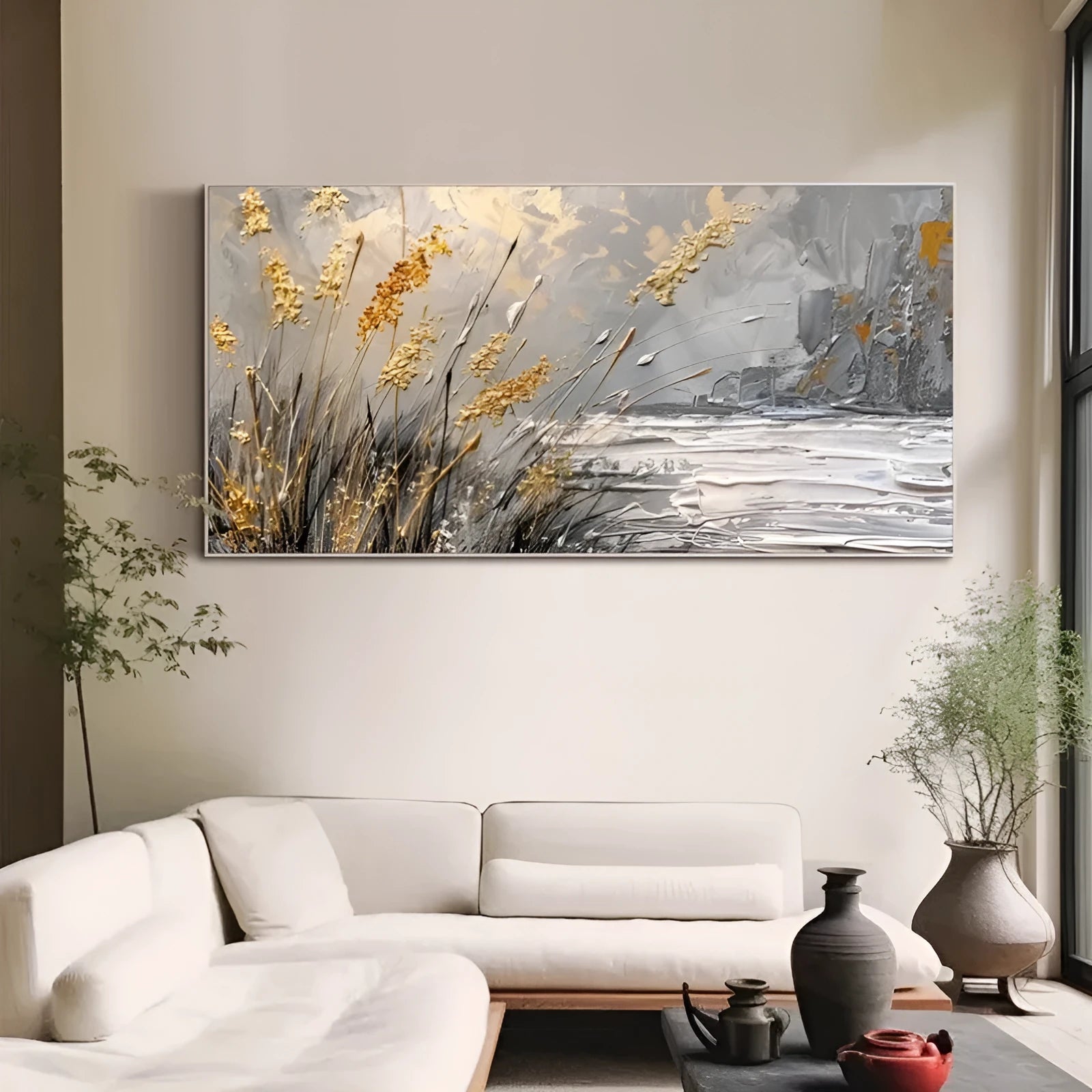 Hand painted abstract landscape oil painting of lake reed beds on canvas, horizontal modern style
