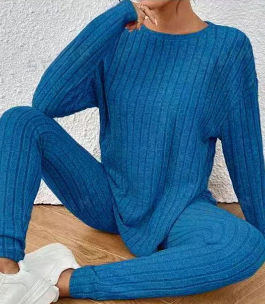 Women's black sunken stripe polyester two-piece homewear set with short-sleeve top and trousers
