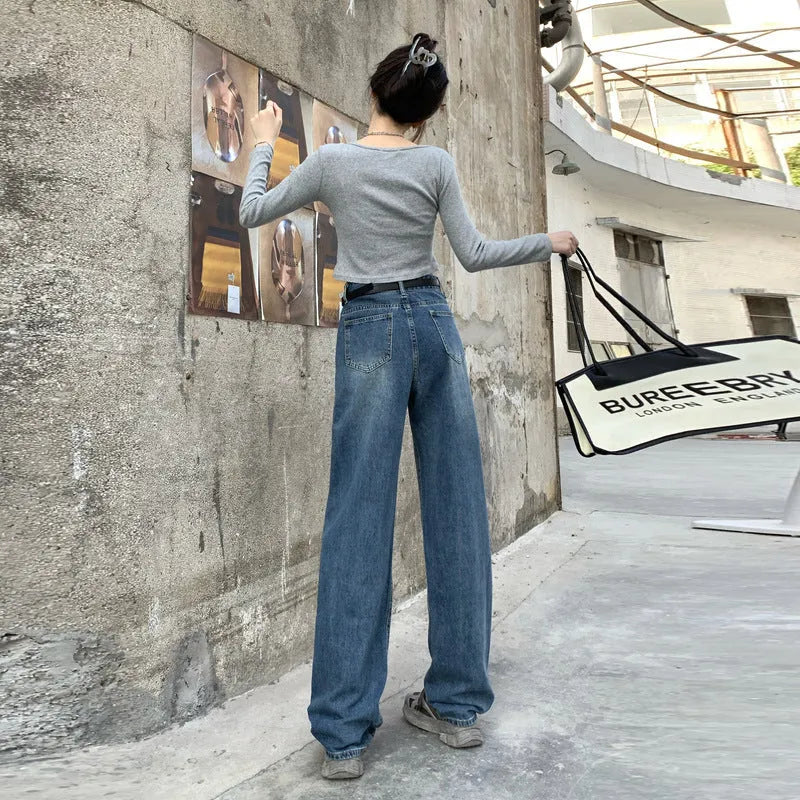 Women's high-waist retro blue straight-leg jeans on a model, showing the cropped, standard, and lengthened leg options.