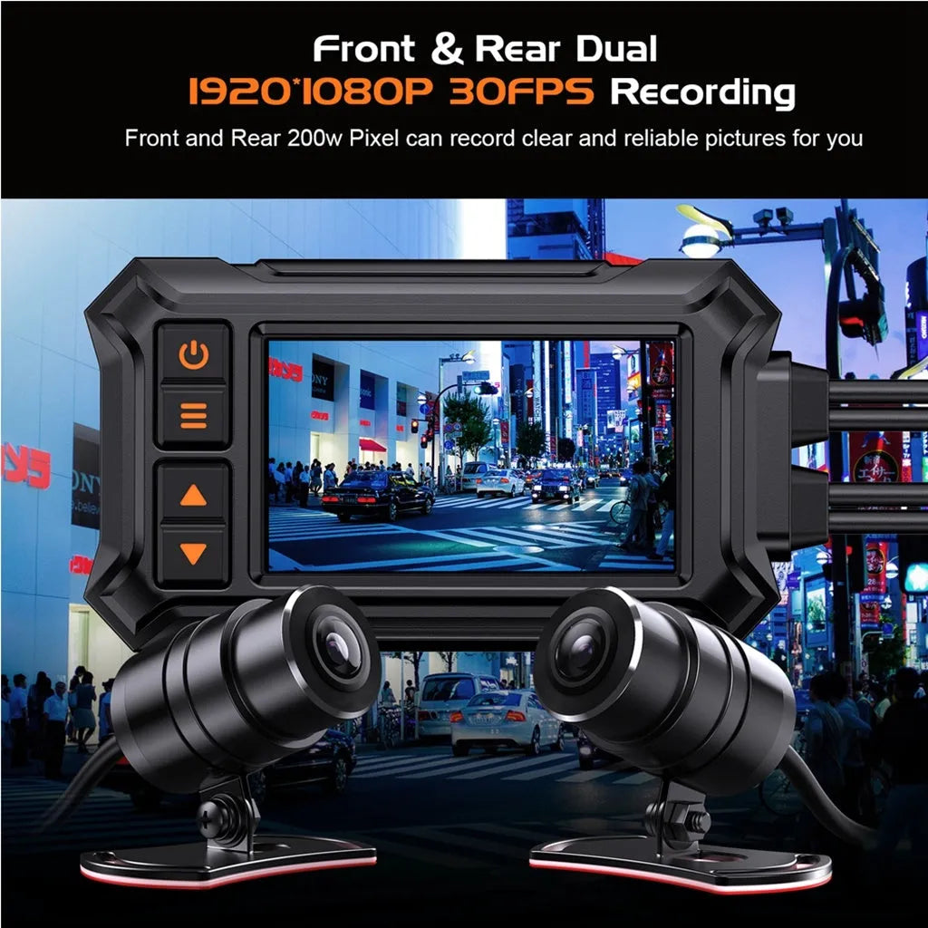 Motorcycle dual lens GPS tachograph dash cam recorder with display, two cameras, and GPS module.