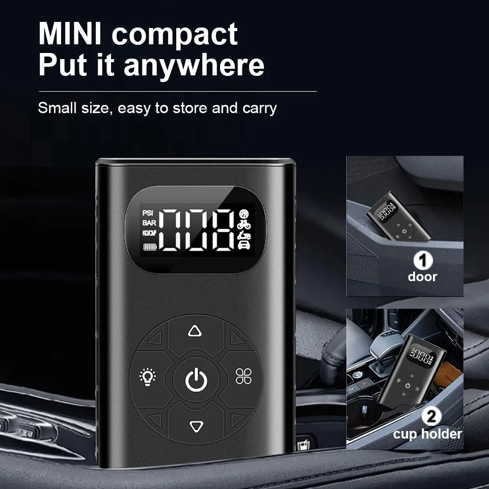 Black aviation aluminium USB rechargeable tyre inflator with digital display and flexible hose.