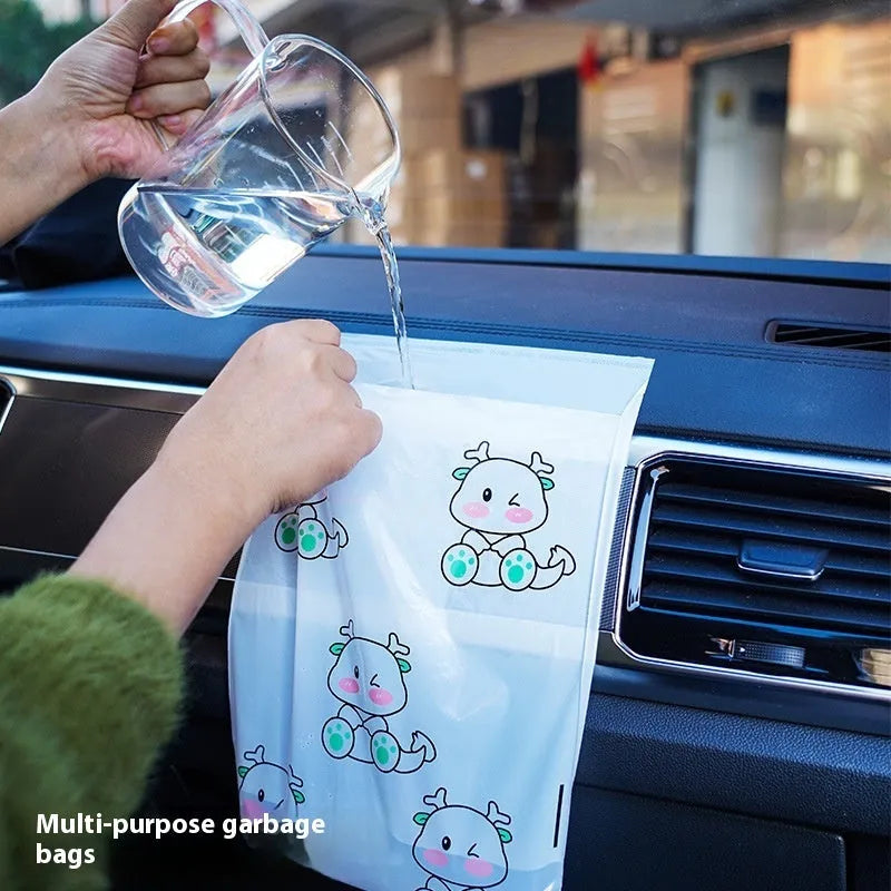 PE car trash adhesive clean bag with green foot dragon design stuck on car door panel