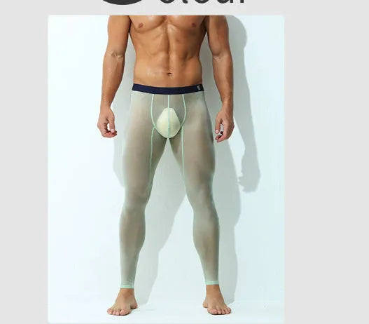 Men's ultra-thin ice silk leggings in solid colour, nylon-spandex blend, side view showing full length and elastic waistband