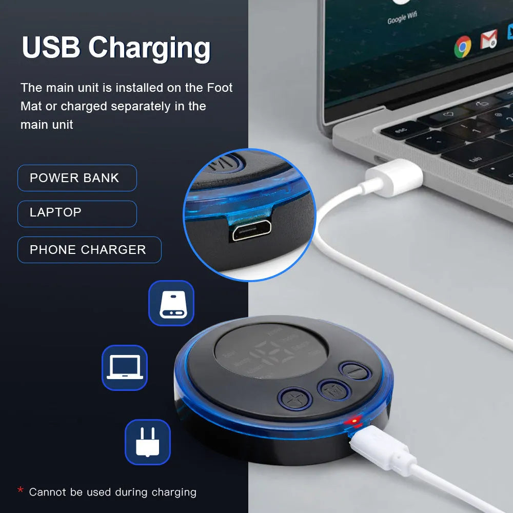 Rechargeable portable foot massage pad with infrared and EMS micro current, USB charging, push-button control