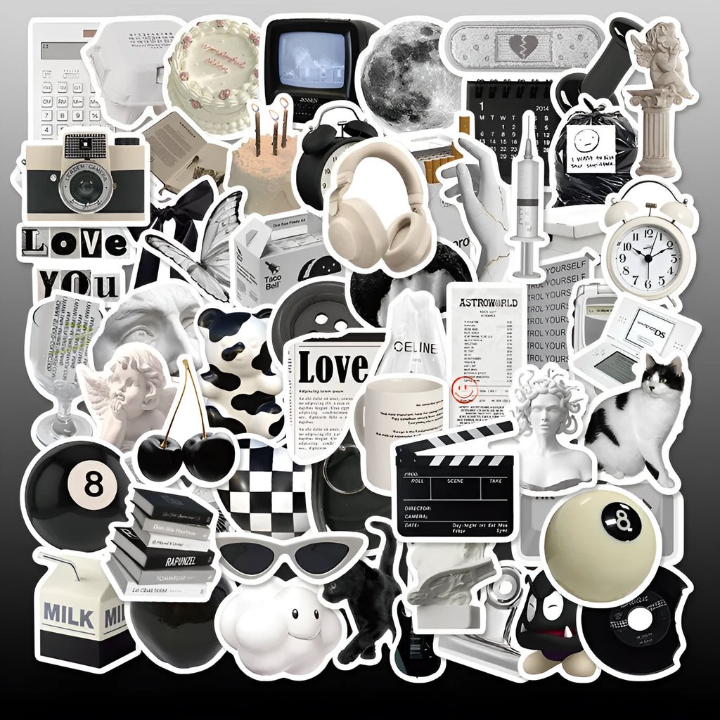 61 black and white waterproof PVC stickers for laptop and phone decoration.