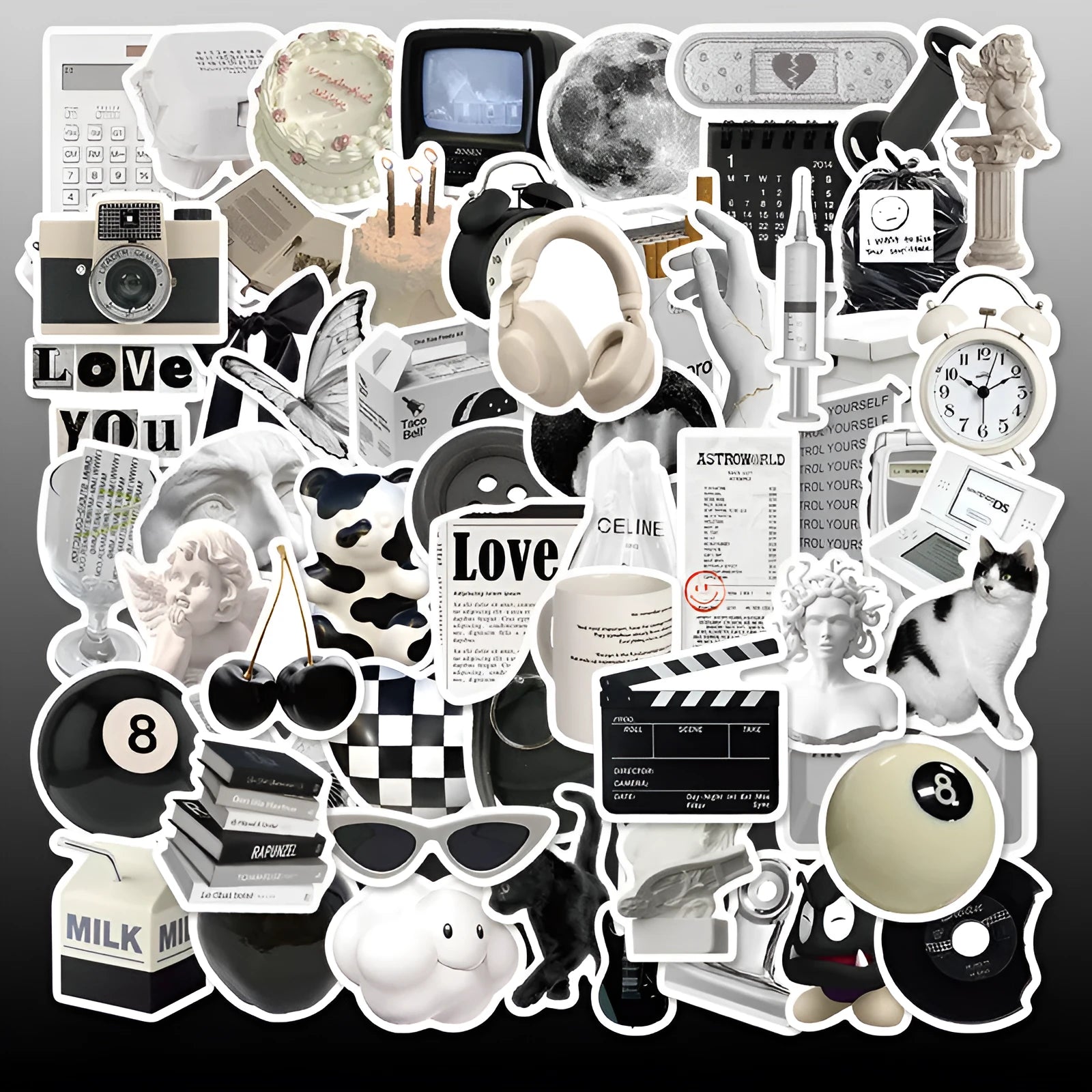 61 black and white waterproof PVC stickers for laptop and phone decoration.