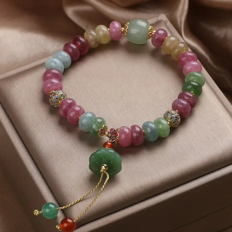 Chinese style natural colour tourmaline bracelet with floral lotus seedpod pendant for women