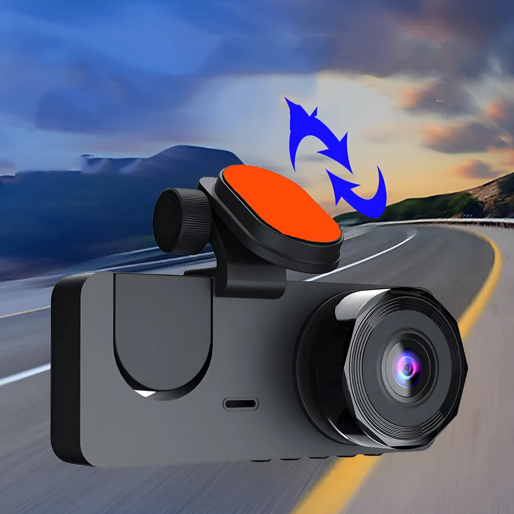 Black touch screen car dash camera mounted on a windscreen, showing a wide 170-degree road view on its display.