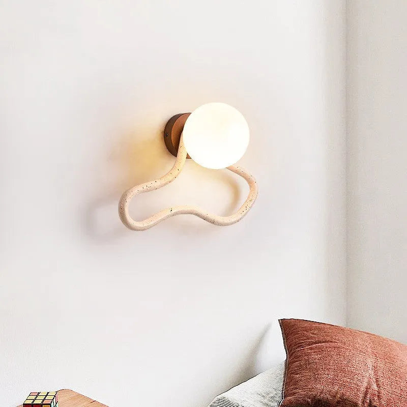 Middle Ancient cream style bedside wall lamp with white travertine glass shade and solid wood base