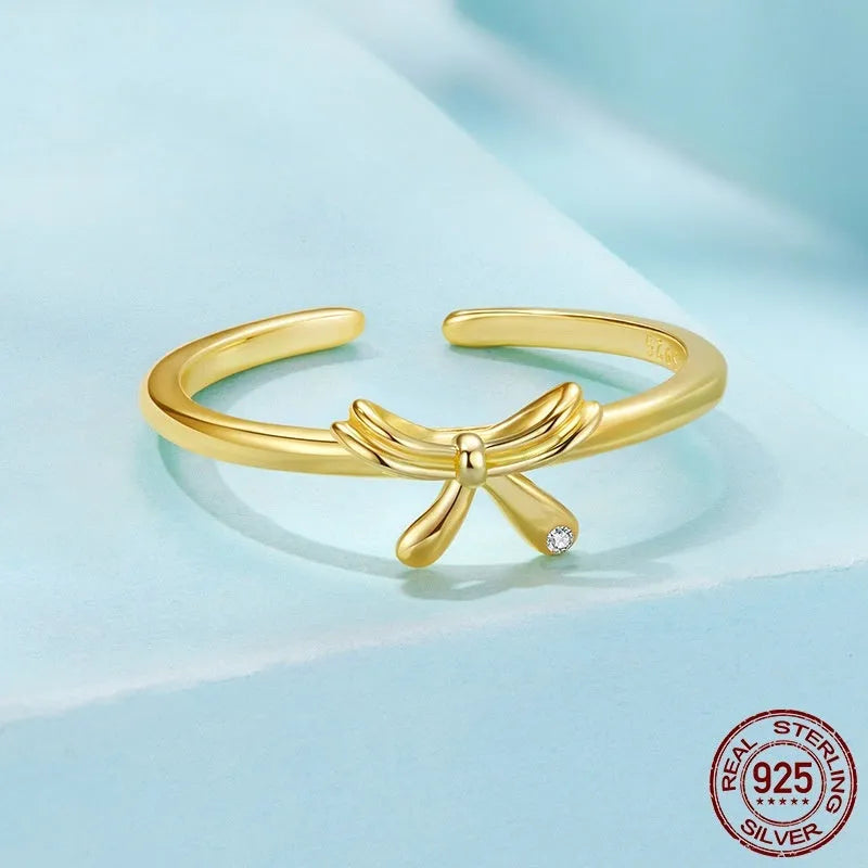 S925 sterling silver bow open ring with adjustable band in silver or gold