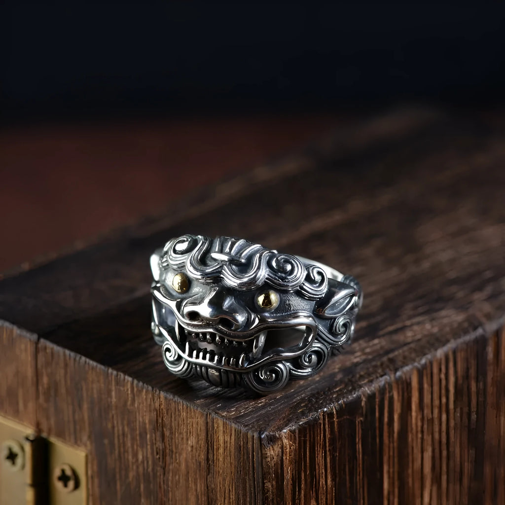Silver open ring with Jibeast pattern animal zodiac design and adjustable sizing