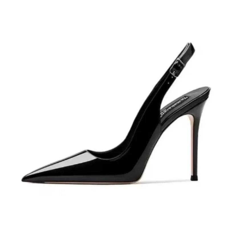 Women's nude leather ankle-strap high heels with hollow design and button fastening