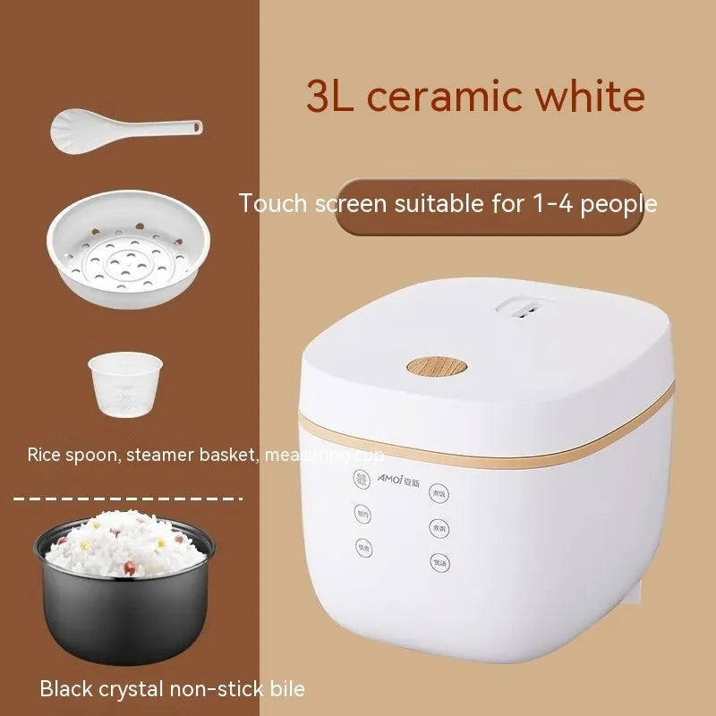 White or beige 3L intelligent multi-function rice cooker with black inner pot and accessories