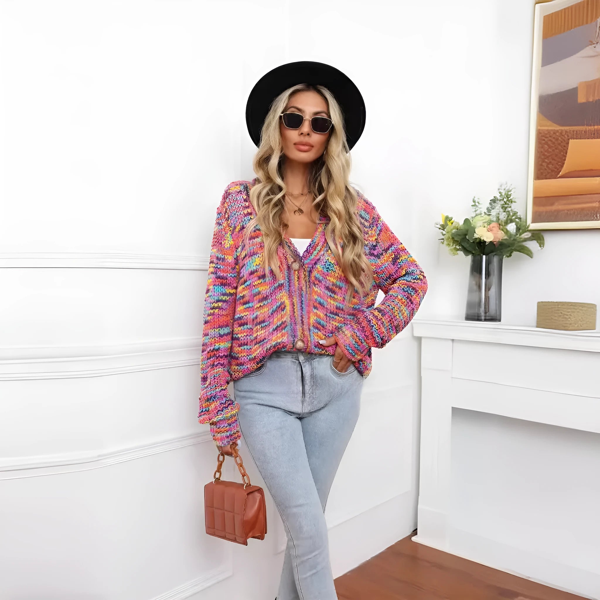 Rose red rainbow striped loose cardigan knitted coat shown on model