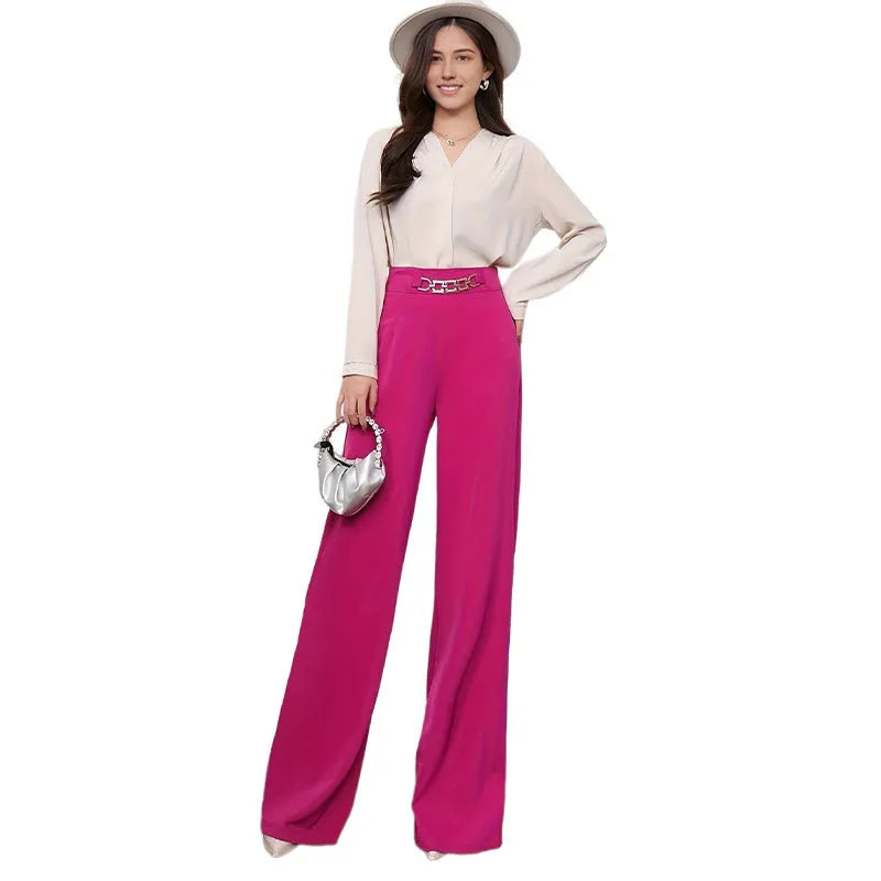 Solid colour drape wide leg pants for women in straight-leg polyester fabric with micro elastic waistband
