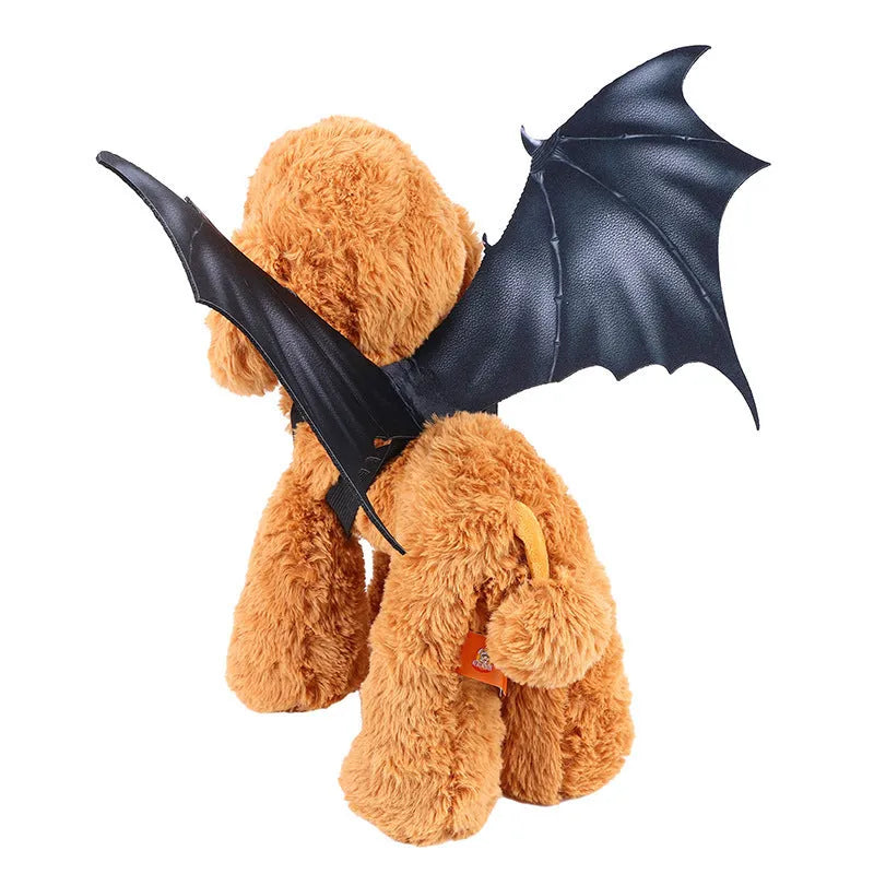Black cloth bat wings costume shown on a pet's back, with size options for small, medium, and large dogs and cats.