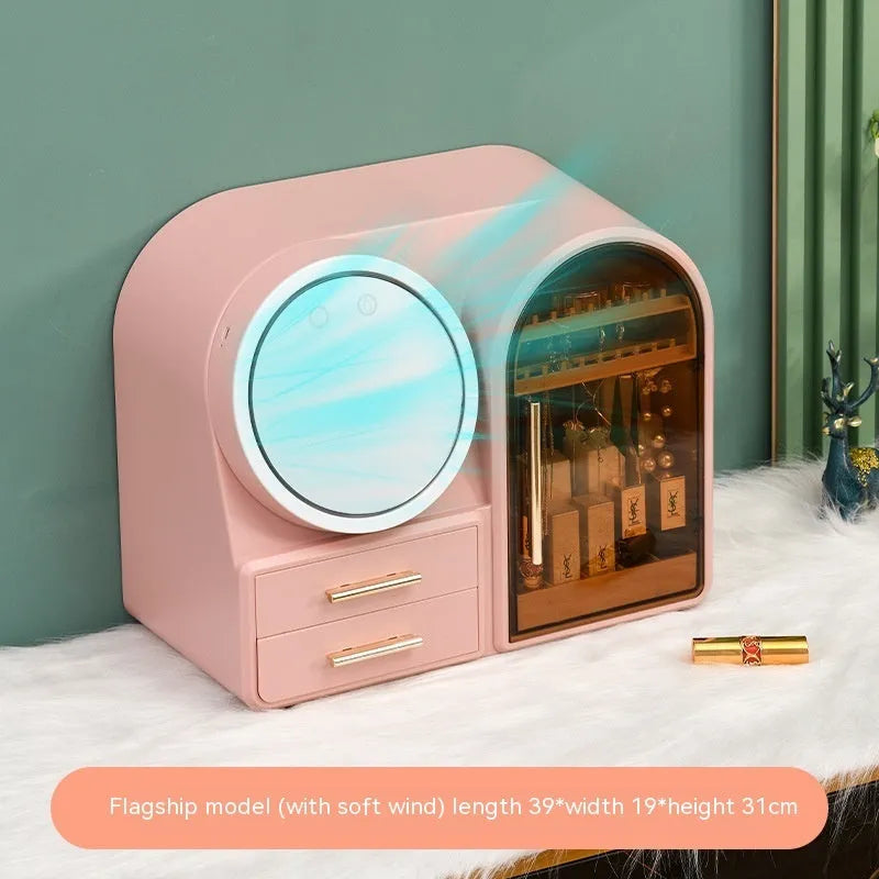 Plastic cosmetics storage rack with LED makeup mirror and soft wind fan, 35L capacity, Milky White, Light Pink or Dark Green