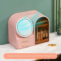 Plastic cosmetics storage rack with LED makeup mirror and soft wind fan, 35L capacity, Milky White, Light Pink or Dark Green