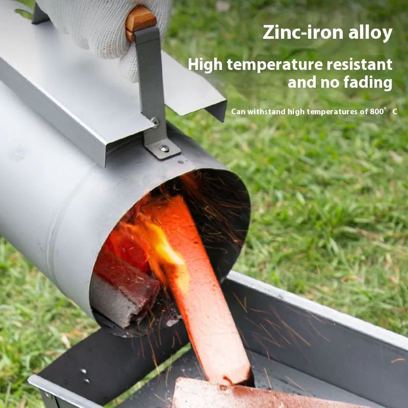 Zinc-iron alloy charcoal fire starter igniter with point carbon barrel design for outdoor barbecues.