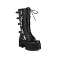 Women's black matte chunky-heel thigh-high boots with round toe and side zipper
