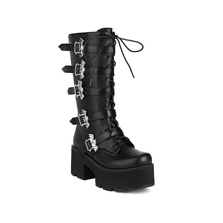 Women's black matte chunky-heel thigh-high boots with round toe and side zipper