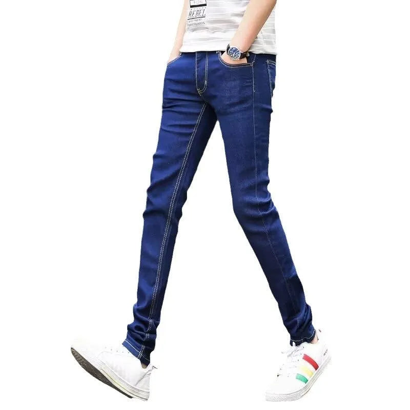 Men's slim-fit skinny jeans in dark blue, mid-rise with zipper fly, sizes 28 to 40