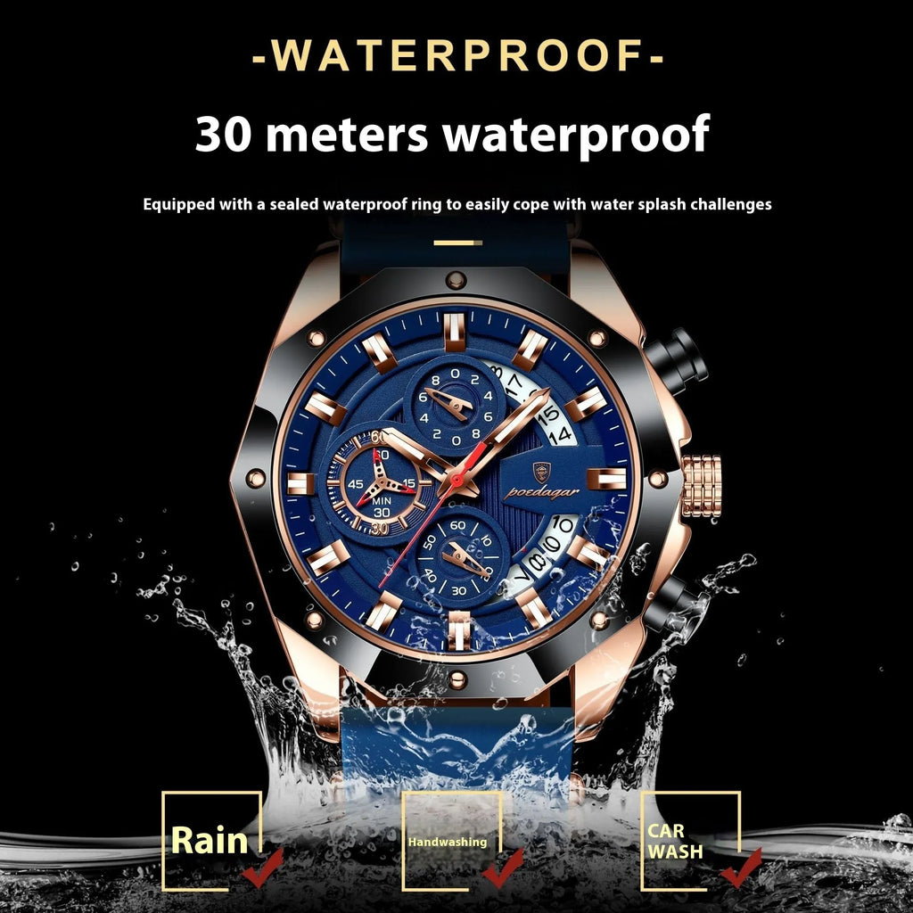 Men's chronograph watch with diamond-shaped dial on silicone strap in rose gold and blue colour combination