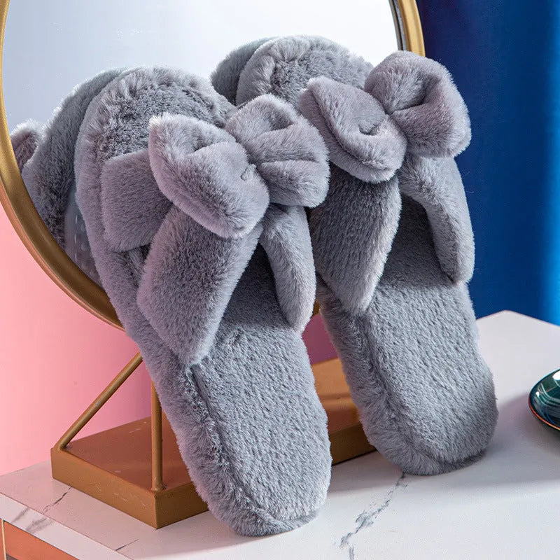 Bowknot plush slippers for women, grey colour, open toe with TPR sole and bow detail on upper