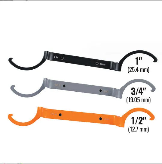 Crescent magnetic suction and catheter locking wrench three-piece set in orange, grey, and black colours