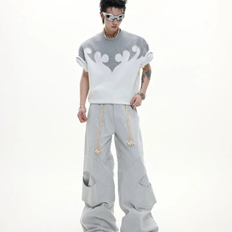 Men's grey loose fit cotton shirt with burnt flower stitching and rhinestone details on the front.