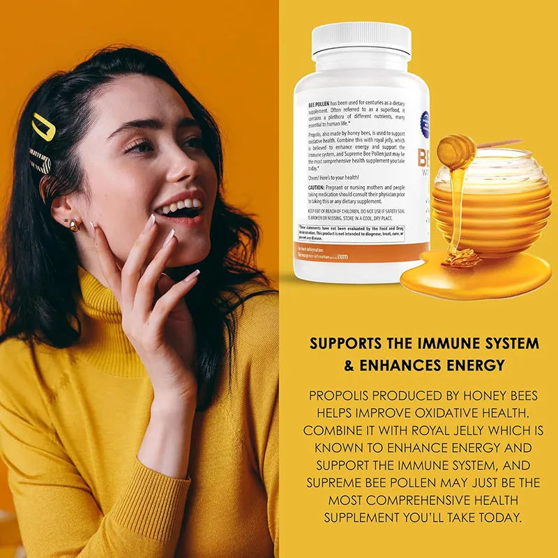 Bottle of royal jelly capsules showing 60, 90, or 120 tablets per pack