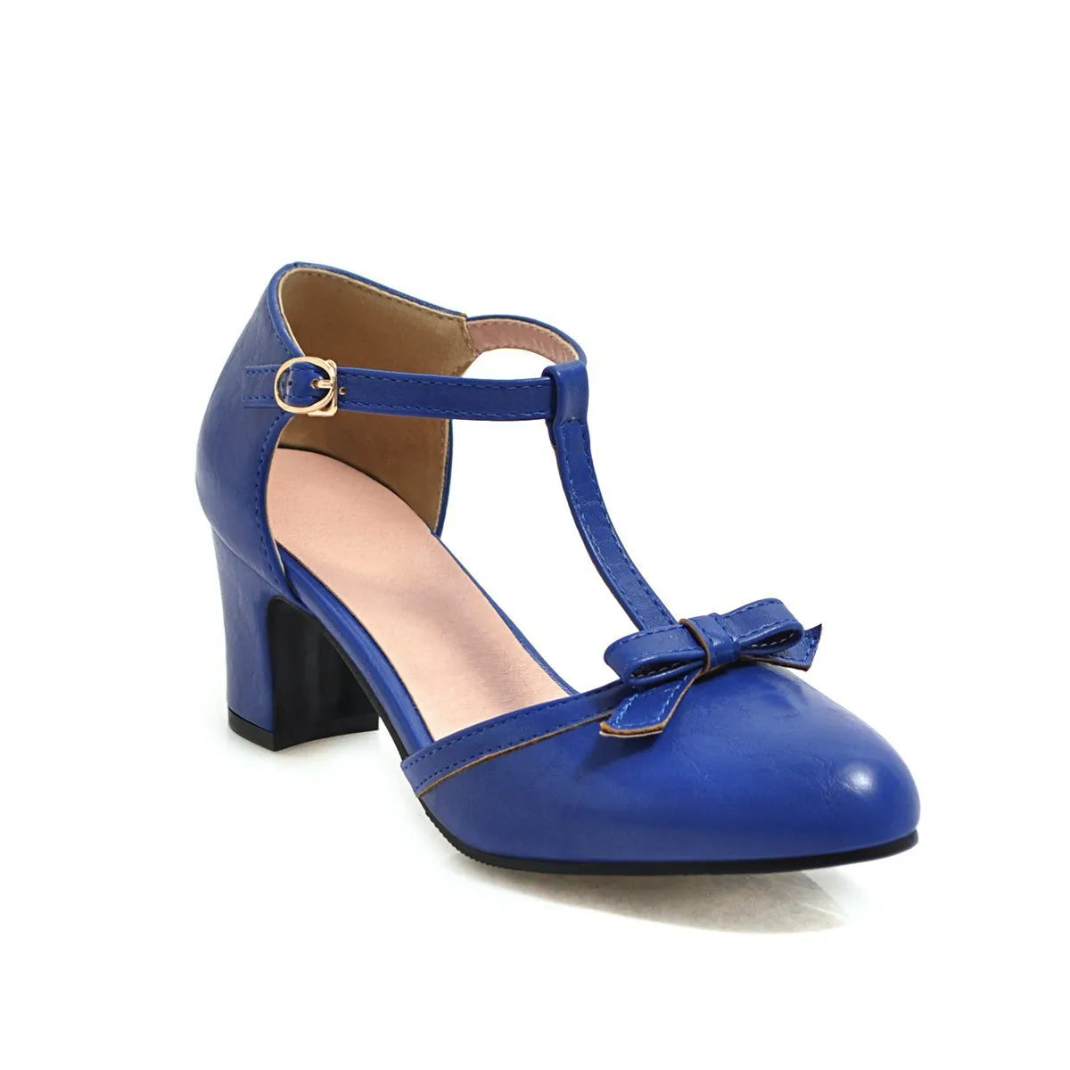 Women's apricot PU chunky heel sandals with bow detail and buckle strap on a 6.5cm heel.