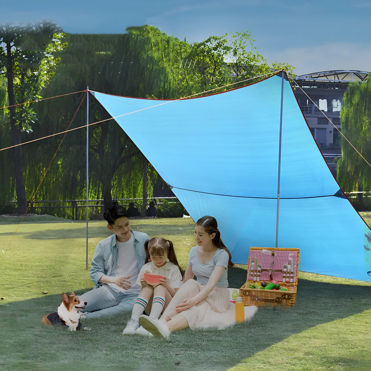 UV rainproof awning camping tent 150D silver coated Oxford cloth 300x290cm khaki colour with poles and ropes on grass