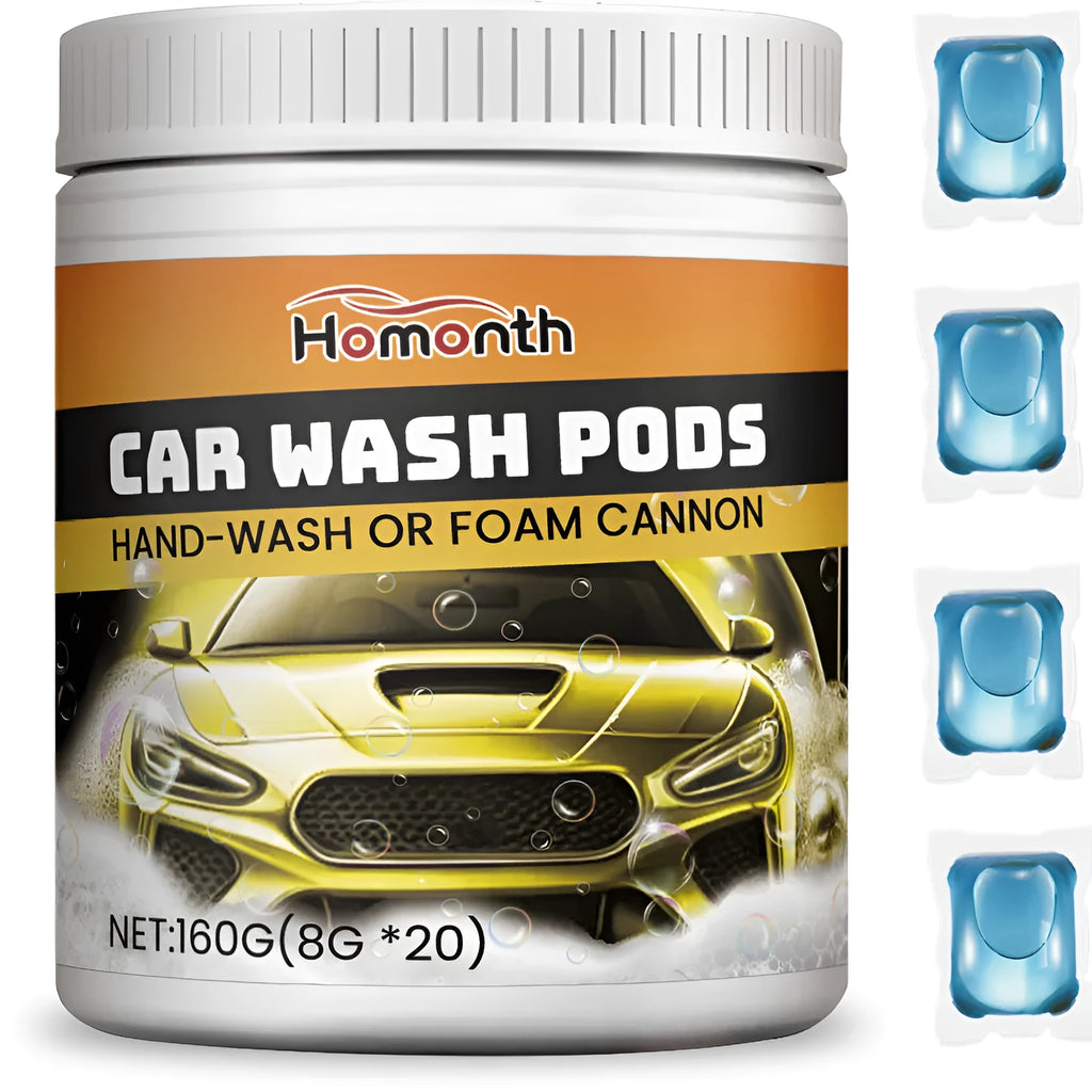 Ultra concentrated car wash beads in a 20-pack, each bead measures 3.2x4.1cm, sitting on a car bonnet