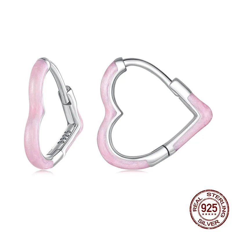 925 silver love heart earrings for women dripping oil finish pink red heart shape ear studs