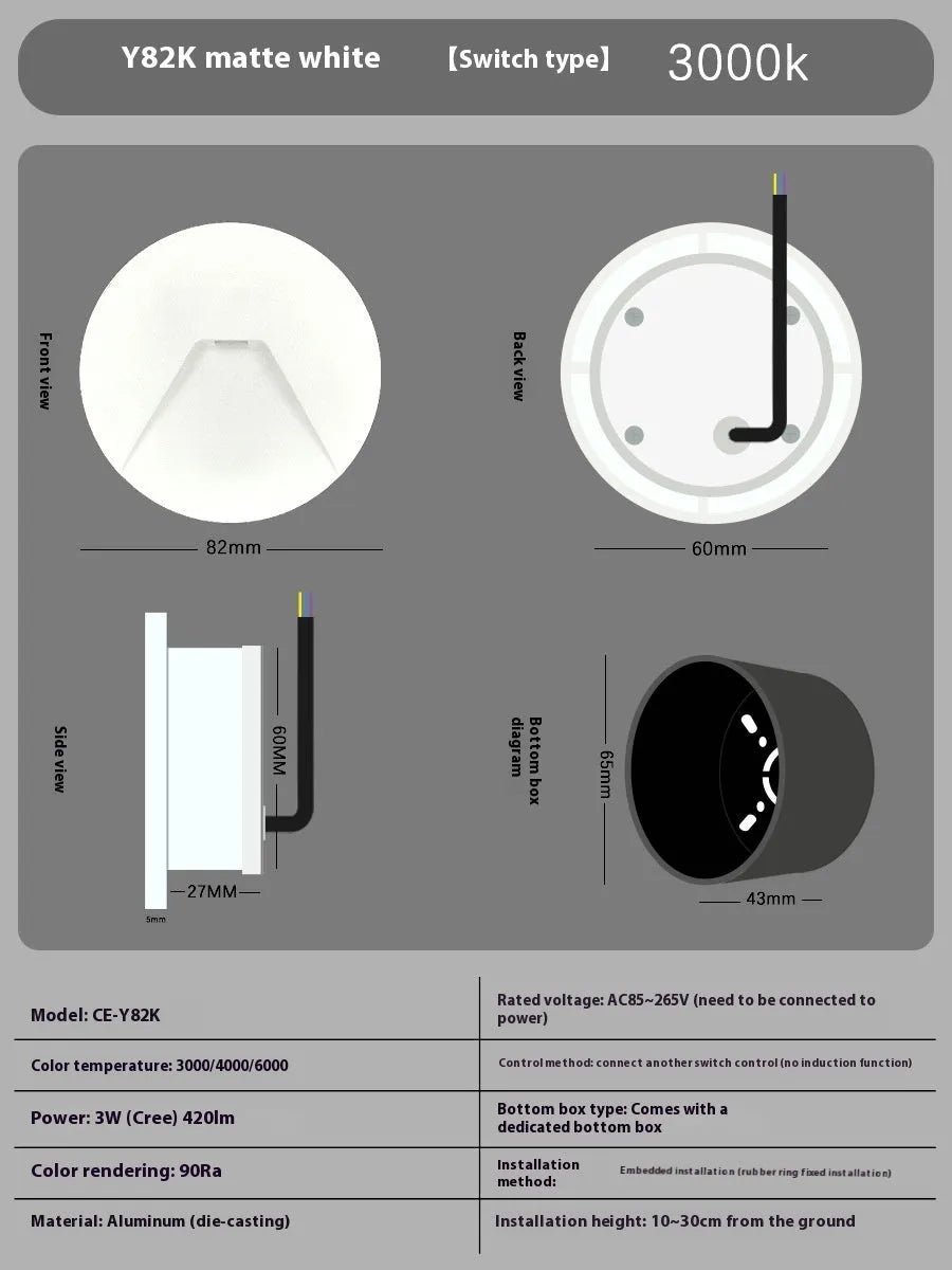 3W LED step light for indoor outdoor use, aluminium IP65 waterproof, 82mm diameter, available in black grey or white