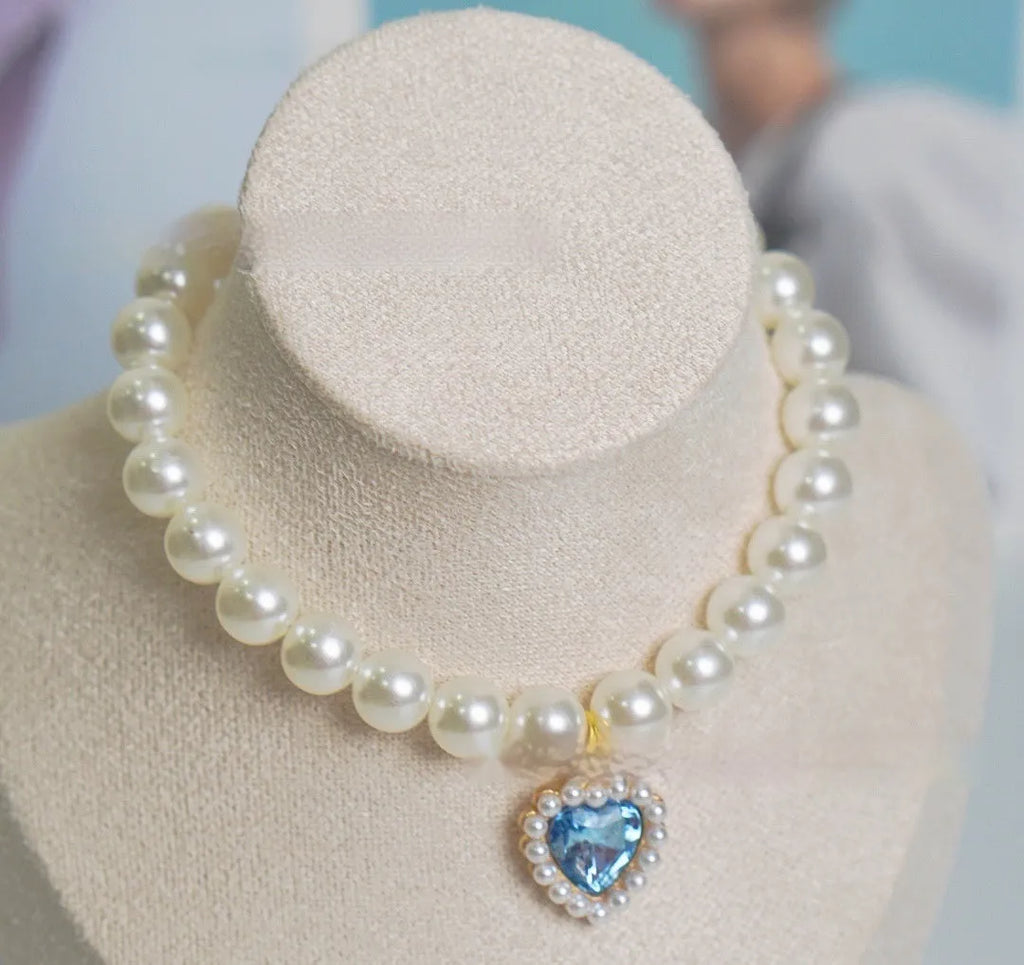 Plastic alloy resin pearl necklace cat collar with love gem charm in multiple colours