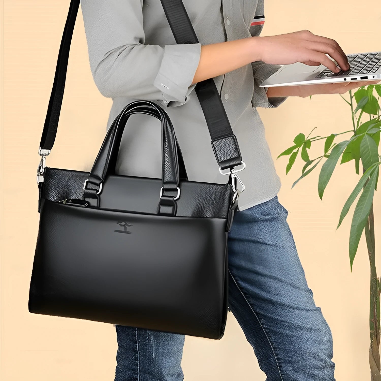 Men's black and brown PU leather shoulder messenger bag with splicing style, 35x30x4cm