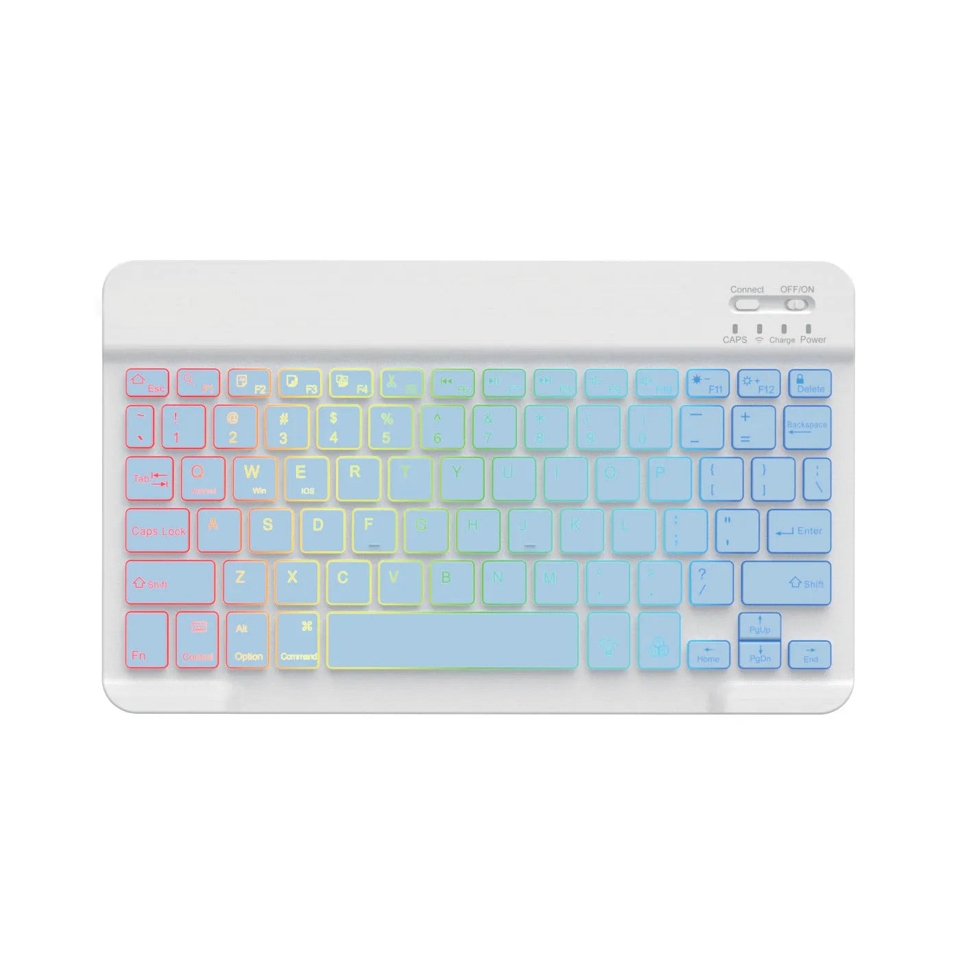 10-inch backlit Bluetooth keyboard for tablets showing colourful lighting with charging cable