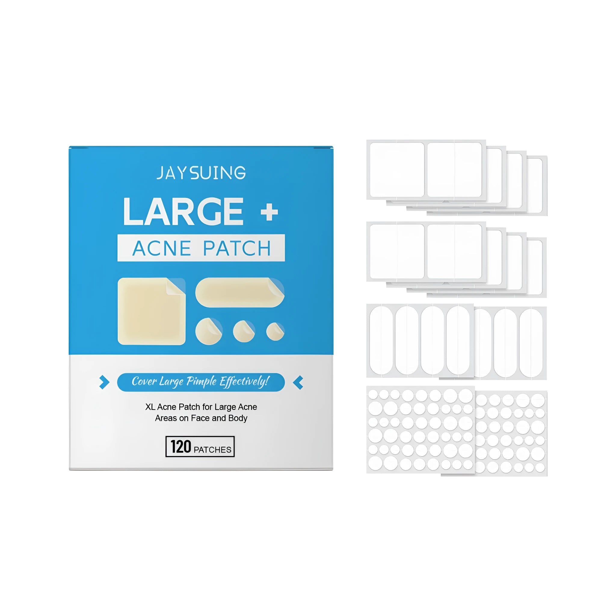 Box of 120 hydrocolloid acne patches with tea tree oil and salicylic acid formula