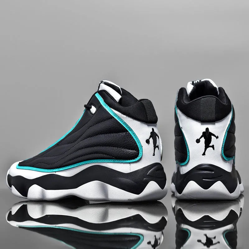 Men's high-top basketball shoes in AJ13 white red colourway with thick rubber sole and mesh upper.