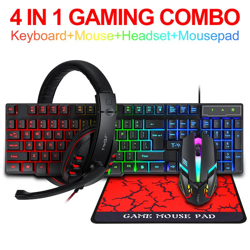 Thunder Wolf wired keyboard and mouse set with headset and mouse pad on desk